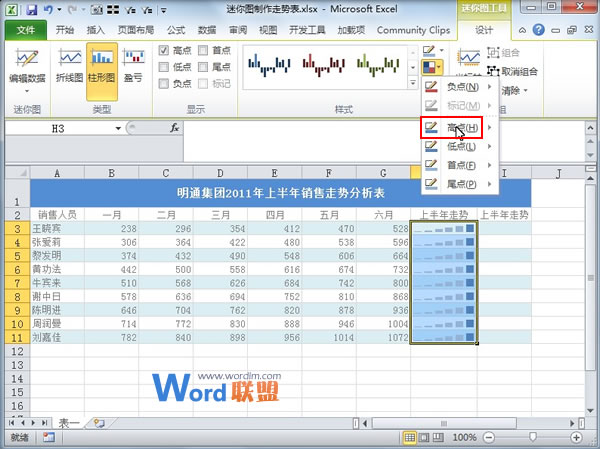 Excel2010中活用迷你图制作走势表(图4) Excel2010中活用迷你图制作走势表(图4)